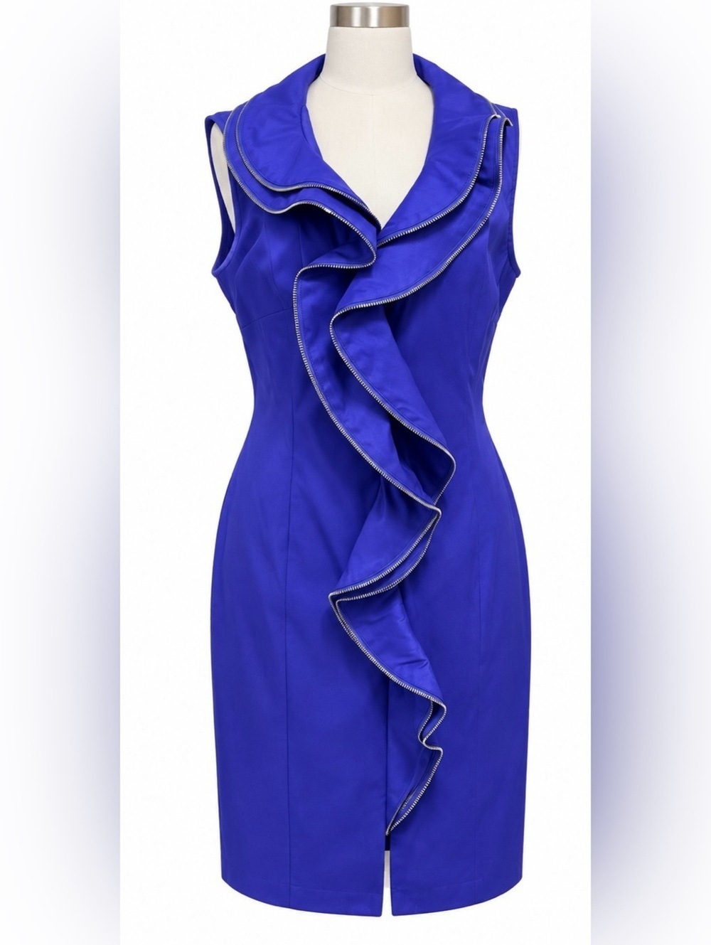 Samuel Dong Sleeveless Ruffle Sheath Dress in Cobalt Blue with Silver Trim